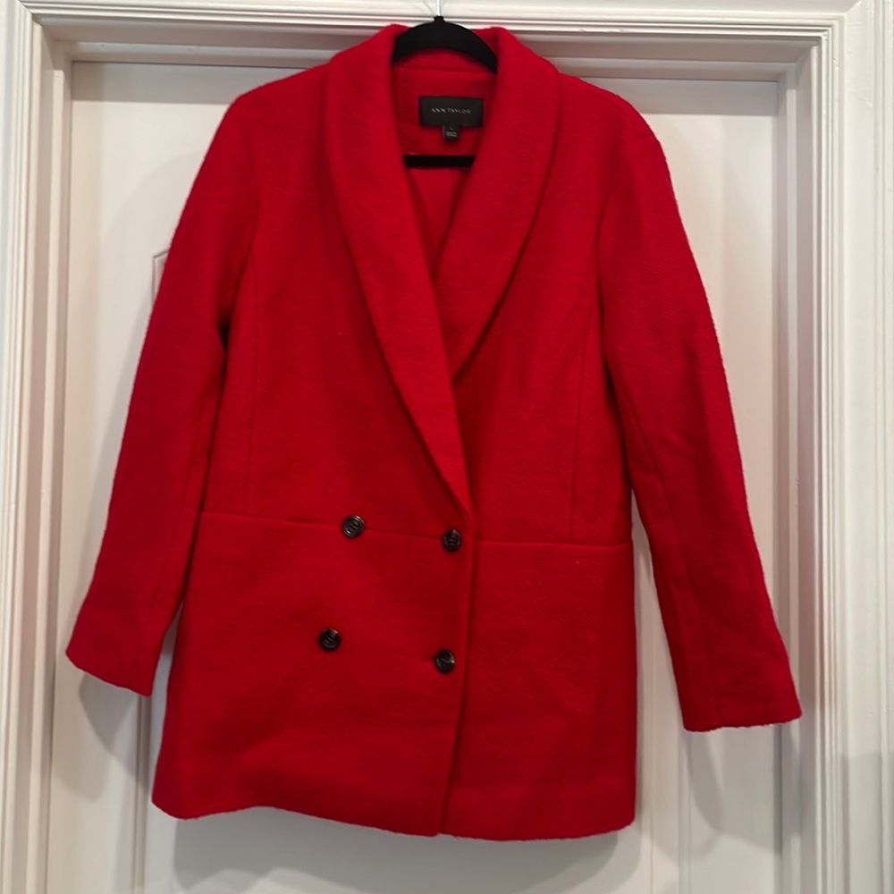 Red pea coat, Ann Taylor, woolish feel